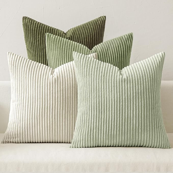 MIULEE Soft Corduroy Decorative Throw Pillow Covers Light Green 18x18 | Set of 4, Mordern Nordic Decor, Light Green Gradient Matching, Boho Farmhouse Cushion Covers for Couch Bed Sofa Living Room