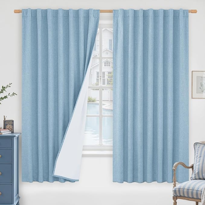 100% Blackout Linen Curtains 63 Inches Long for Bedroom, 60 x 63 Inch | Stone Blue, Living Room, Farmhouse Curtains, Full Room Darkening, Rod Pocket Back Tab Drapes, with White Liner, 2 Panels