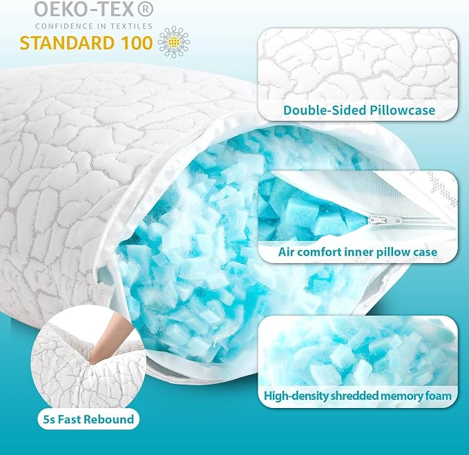 Standard Size Cooling Pillow for Hot Sleepers, 1 Pack | Twin Pillow for College Dorm Bed, Adjustable Shredded Memory Foam, Single Pillow for Hot Sleeper, Removable Washable Cover