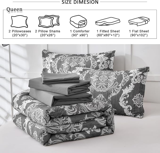 WONGS BEDDING Dark Grey Comforter Set Queen Size, Damask Texture 7 Pieces Bed in a Bag Microfiber Comforter Bedding Sets -1 Comforter, 1 Flat Sheet, 1 Fitted Sheet, 2 Pillow Shams, 2 Pillowcases