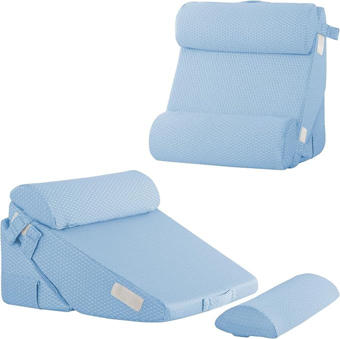Adjustable 4pcs Bed Wedge Pillow Set, Memory Foam Wedges Pillow Post Surgery for Back, Neck, Leg Pain Relief, Pillows Wedge for Sleeping, Sitting up in Bed, Acid Reflux and GERD, Light Blue