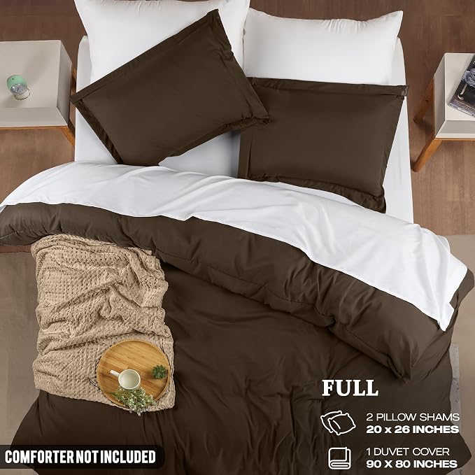 Duvet Cover Full, 3 Piece Cotton Like Polyester With Zipper Closure, Brown | Extra Soft and Breathable, Wrinkle & Fade Resistant, Includes Duvet Cover and 2 Pillow Shams, Comforter Not Included, OekoTex