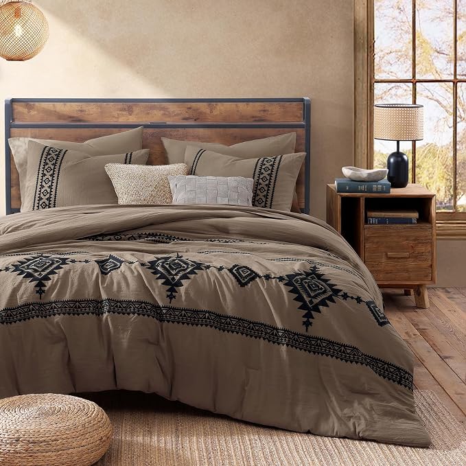 MaiRêve Embroidery King Size Comforter Set 7 Pieces Taupe Grey Bed in a Bag | Western Boho Farmhouse Bedding Sets with Comforter, Sheets, Pillowcases & Shams