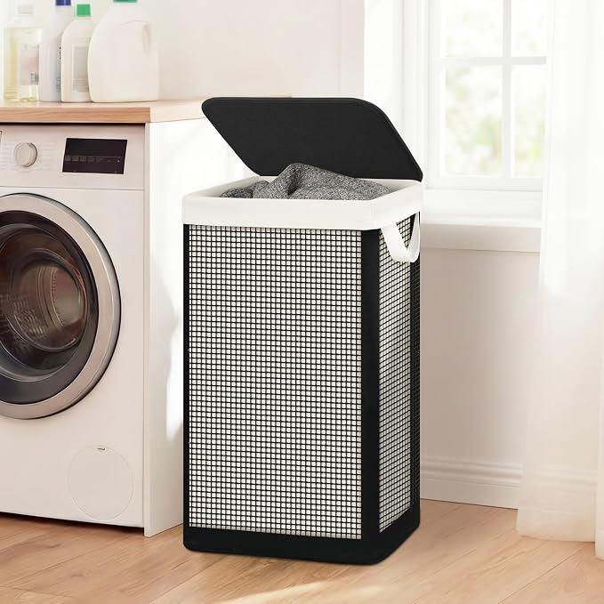 STO STO Laundry Hamper with Lid, 90L Sturdy Steel-Frame Clothes Hamper with Removable Washable Liner, Breathable Large Laundry Basket for Bedroom, Bathroom, Laundry Room, Dorm, Closet