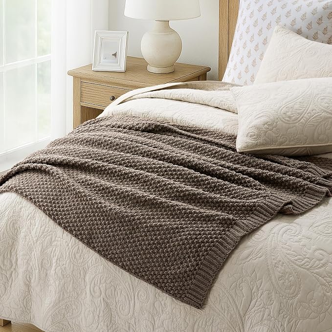 EVERGRACEHOME Chunky Chenille Knit Throw Blanket, 60 x 80, Mocha Brown | Sculpted Moss Stitch, Chic Modern Farmhouse, All-Season Warmth, OEKO-TEX® Certified, Elegant Blanket for Couch, Bed, Sofa