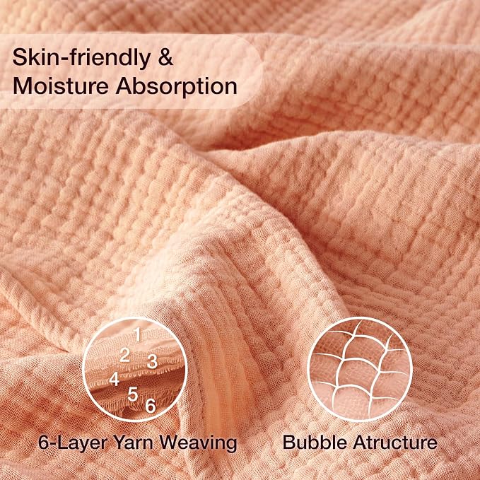 100% Cotton Muslin Blanket 50"x 60", 6 Layers Breathable and Lightweight Cotton Throw Blankets for Couch, Soft Cooling Summer Gauze Blanket for Adults All Season, Dusty Rose‌