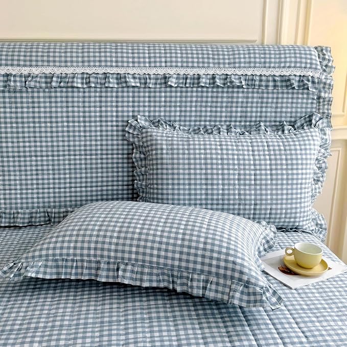 LifeTB Blue Gingham Comforter Set King 3 Pieces Ruffle Plaid Checkered Pattern Comforter Chic Gingham Bedding Set Fluffy Soft Grid Plaid Bedding Comforter Farmhouse Checkered Comforter Set King