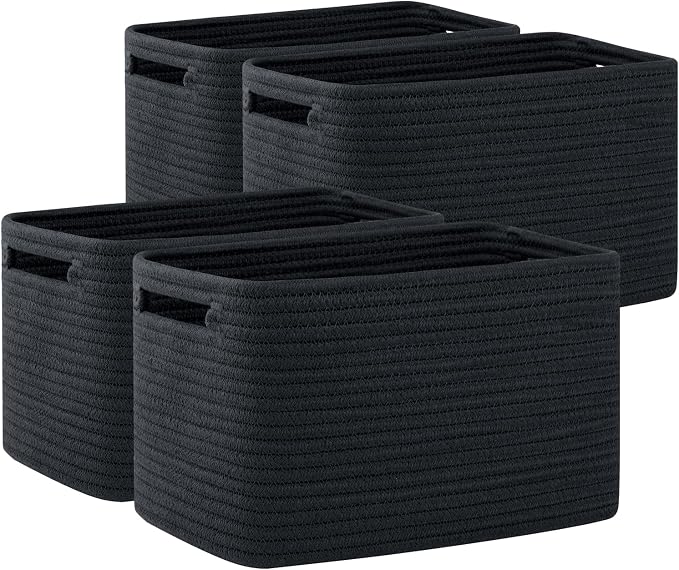 OIAHOMY 4 Pack Storage Baskets for Organizing 15L Cube Storage Bins Black | Woven Baskets for Storage Rectangle Small Baskets With Handles Baskets for Shelves Wicker Baskets for Shelves 12.7x9x7.8inch