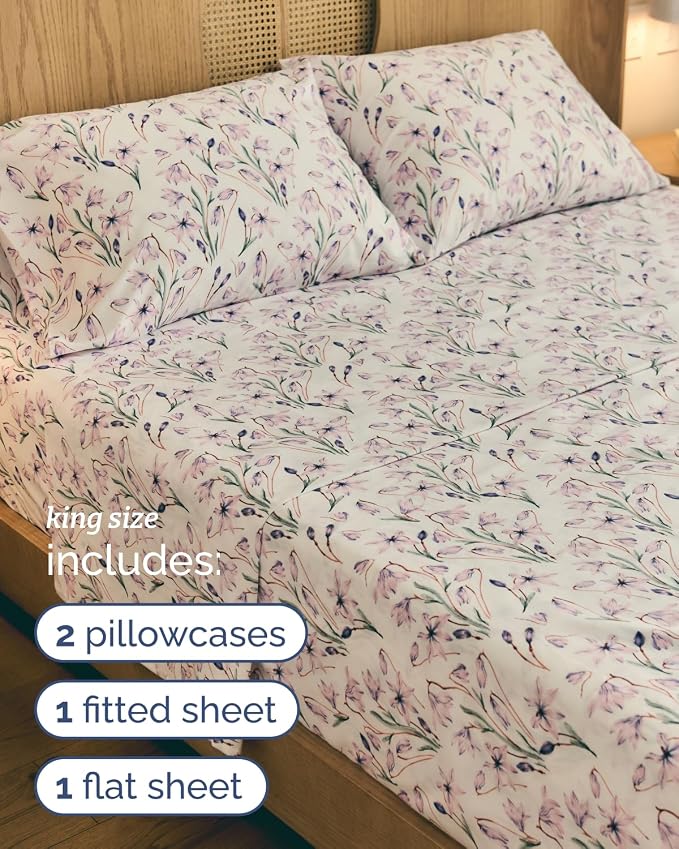 King 3 Piece Boho Botanical Floral Sheet Set - Breathable & Cooling - Iris | 1 Flat, 1 Fitted & 1 Pillowcase w/ Deep Pockets, Boho Botanical Floral Bedding, Breathable & Cooling, Wrinkle & Fade Free
