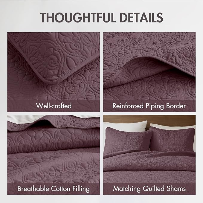 Madison Park King Quilt Bedding Set, Cottage-Inspired Damask, 3PC | All Season Quilted Coverlet, Classic Stitch Pattern Bedspread & Shams, Ultra Soft Microfiber Bedspread Set, Purple