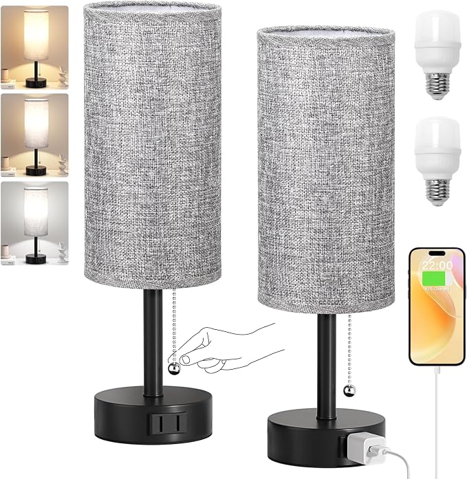Grey Bedside Table Lamps Set of 2 - Bedroom Lamp for Desk, AC Outlet | 3CCT(3000K/4000K/5000K), LED Bulbs Included, Grey Fabric Lampshade, 14in Small Lamp for Nightstand, Guest Room, Living Room
