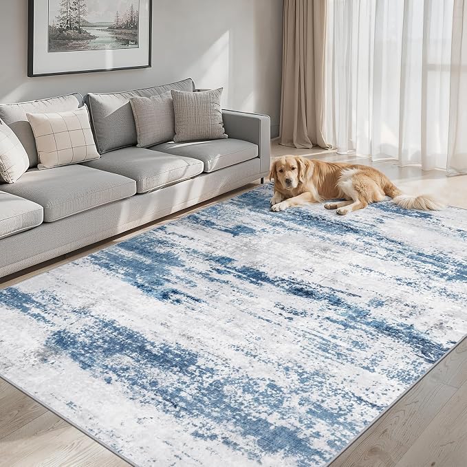 PLHXFR 8x10 Area Rug Living Room: Abstract Washable Carpet White Blue | For Bedroom Dining Room Farmhouse Nursery Home,Machine washable,Non Slip,Large Soft Neutral,Stain Resistant, Indoor Floor