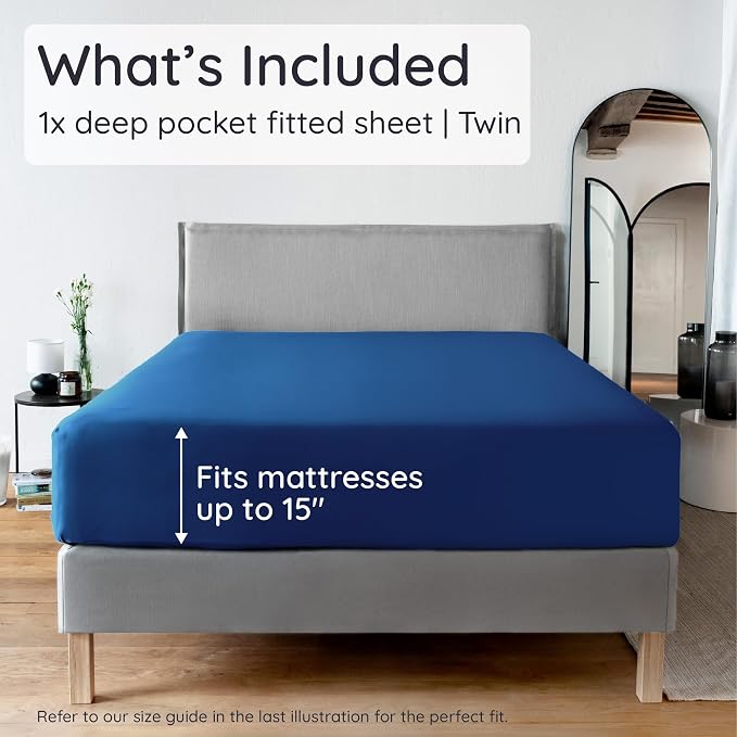 Bambaw 100% Viscose Derived from Bamboo Fitted Sheet Twin Size, Cooling Fitted Sheet Twin Size, 15’’ Deep Twin Size Fitted Sheets Only, Navy Blue Fitted Sheet Only, Soft Fitted Sheet (Navy Blue)