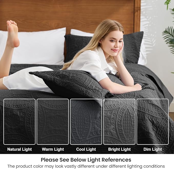 Love's cabin Oversized King Size Quilt Bedding Set Black Bedspreads - Oversized King Lightweight Bedspread Comforter - Coin Pattern Coverlet for All Season - 3 Pieces (1 Quilt, 2 Pillow Shams)