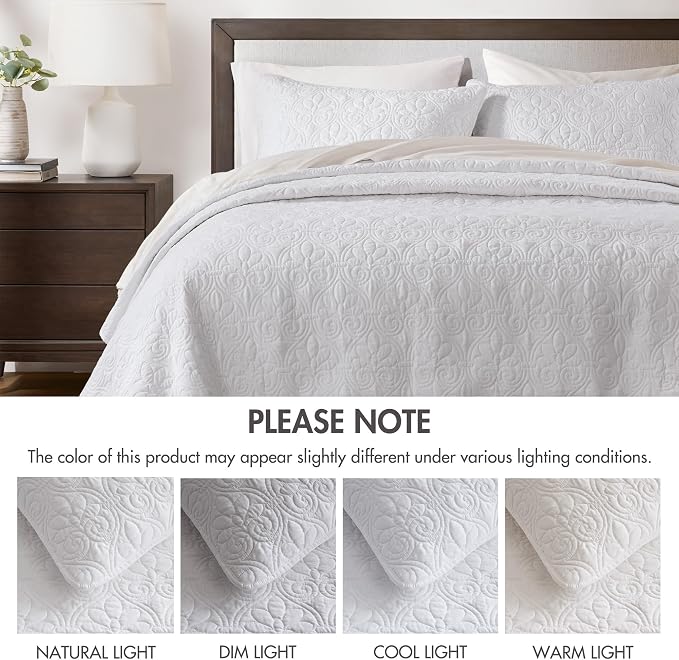 Madison Park Luxurious Cotton Damask Quilt Set, 2PC Twin/Twin XL Bed Set | All Season, Lightweight Stitching Coverlet Bedspread Bedding Stitching with Shams, White
