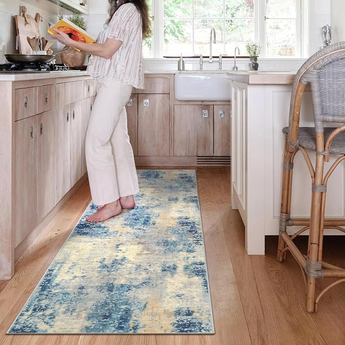 Lahome Modern Abstract Bathroom Runner Rug 2x8, Washable Entryway Rug Runners for Hallways Non Slip, Soft Non Skid Kitchen Carpet Runner for Living Laundry Bedroom RV, Blue