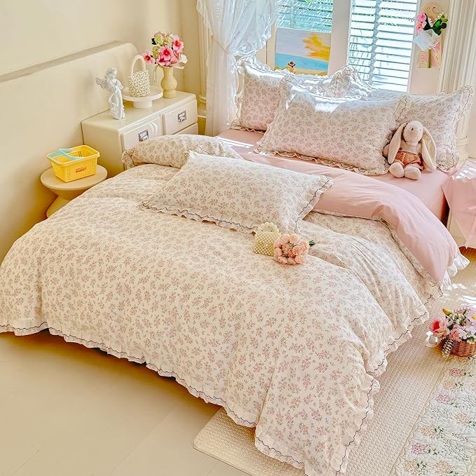 mixinni Shabby Chic Floral Duvet Cover Set Queen, 100% Cotton Cottagecore Bedding with Double Ruffle Lace Trim, Reversible Pink Rose Flower Vintage Farmhouse Comforter Cover with Zipper & Corner Ties