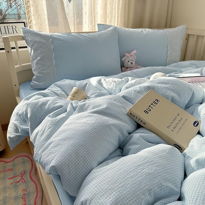 mixinni Blue Gingham Duvet Cover King Size - 3 Piece Cottagecore Plaid Bedding Set with Lace Trim, Soft Washed Microfiber Vintage Aesthetic Grid Comforter Cover & Pillow Shams, (Blue White Gingham)