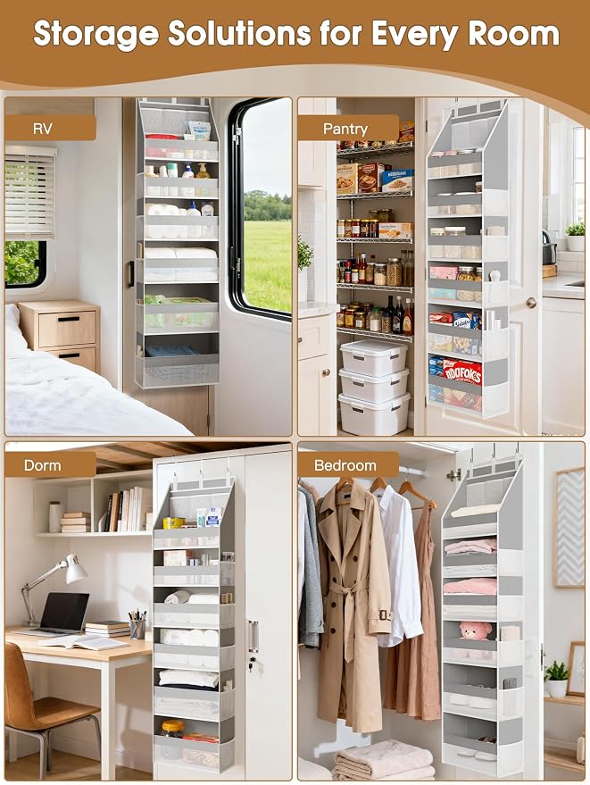 2 Pack Over The Door Organizer, Heavy-Duty 6-Shelf Hanging Storage with 13 Mesh Pockets, 55lbs Capacity Behind The Door Storage for Nursery, Bathroom, Bedroom, and Dorm, Grey
