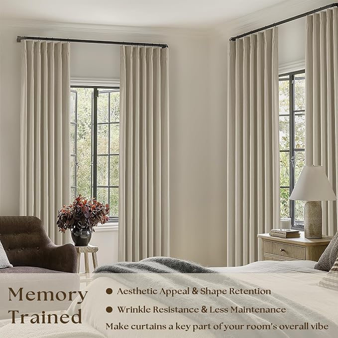 Burlywood Birch 100% Blackout Pinch Pleated Linen Curtains 95 Inches Long | Insulated Thermal Heat Reducing, Memory Shape, for Bedroom Living Room, Taupe Pleated Curtains with Hooks Rings, 2 Panels