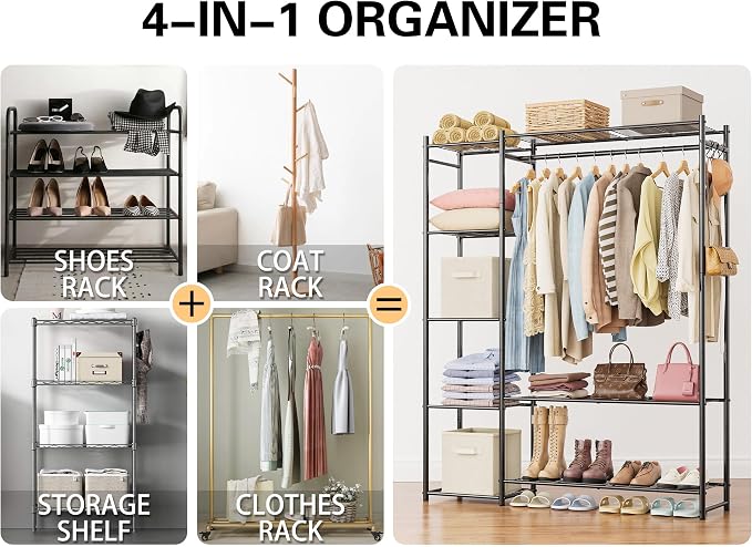 HOMIDEC Wardrobe Closet,Portable Clothes Rack with 4 Tiers Shelves | Freestanding Closet Organizers and Storage System with Hanging Rod,Steel Clothing Rack Suitable for Cloakrooms,Bedrooms.Black