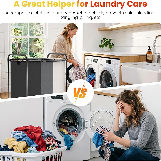 180L Laundry Sorter 3 Section, Rolling Laundry Basket with Wheels and Lid | 47.55 Gal Laundry Hamper, 3 Separated Removable Bags, Lockable Wheels, Dirty Clothes Hamper for Laundry Room, Multicolored