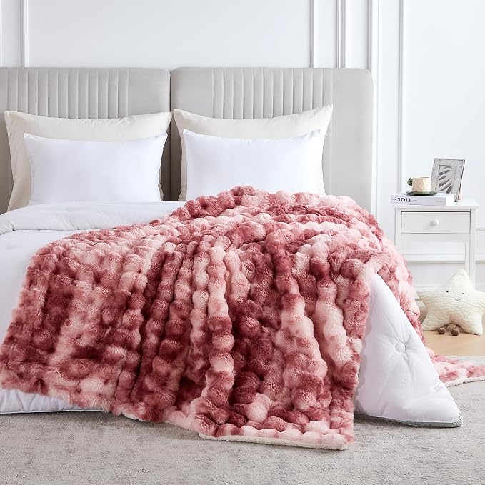 60x80 Inches Ultra-Soft Fuzzy Faux Fur Plush Twin Size Blanket - Thick, Warm Sherpa for Couch, Sofa, Bedroom, Camping - Decorative Blanket for Cozy Warmth, Bubble Dusty Rose Tie Dye