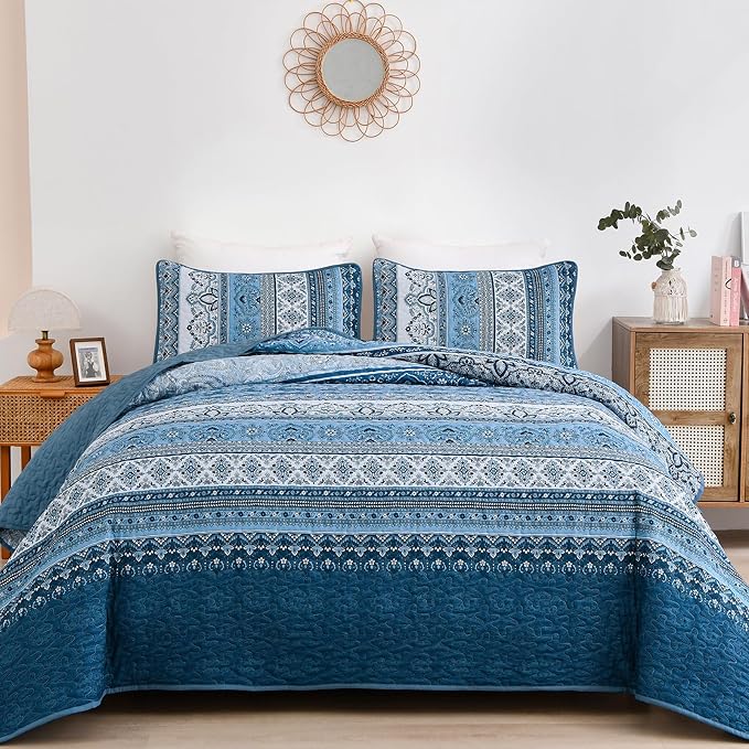 WONGS BEDDING Blue Quilt Queen Size,3 Pcs Bedspread Bedding Set | Colorful Bohemian Striped Printed Bedding for All Season, Lightweight Microfiber Coverlet Set with 2 Pillowcases( 96"x90" )
