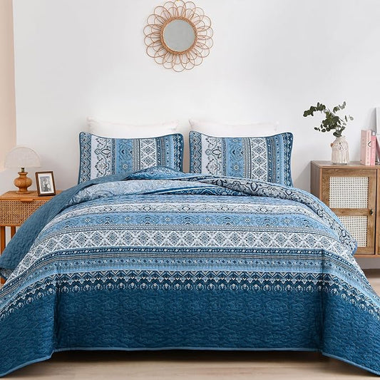 WONGS BEDDING Blue Quilt Queen Size,3 Pcs Bedspread Bedding Set | Colorful Bohemian Striped Printed Bedding for All Season, Lightweight Microfiber Coverlet Set with 2 Pillowcases( 96"x90" )