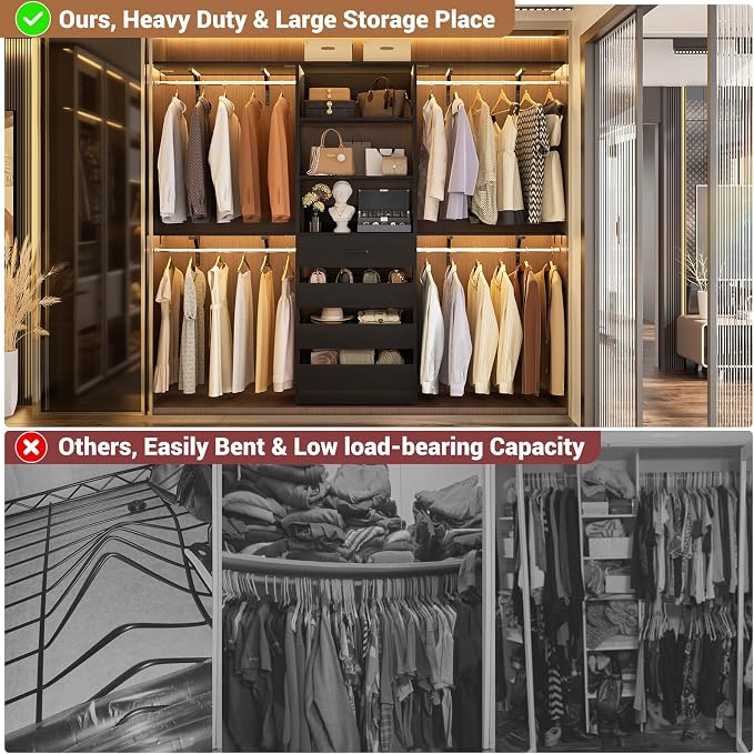 Aheaplus Closet System with 4 Drawers, 8FT Wood Closet Organizer System | 96" Closets Built In System Tower with Shelves & 4 Rods, Walk-in Closets Wardrobe Clothes Rack, Fits Spaces 4-9 ft, Black