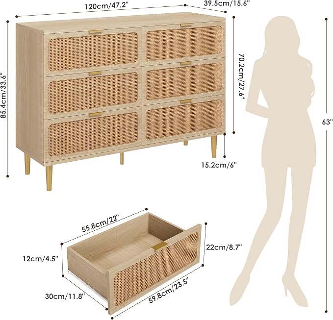 GarveeHome Rattan 6 Drawer Dressers for Bedroom, Deep Drawer, Natural | Tall Dresser, Wide Top, for Living Room, Hallway, Kids Room, Large Chest of Drawers for Closet, Long Wooden Dresser