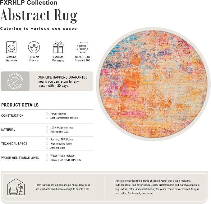 Round Area Rug Living Room: 4 ft Modern Washable Indoor Carpet | For Bedroom Dining Room Farmhouse Nursery Hallway Office,Modern Abstract,Machine washable,Non-Slip,Stain Resistant,Indoor