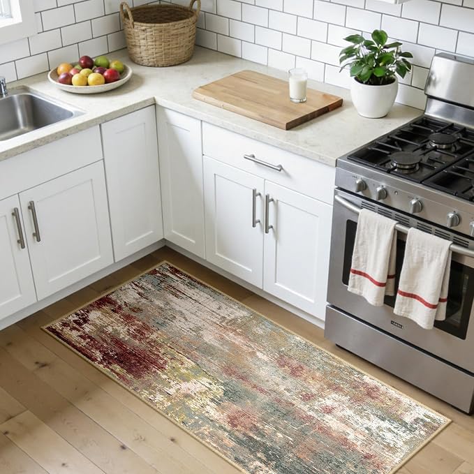 RELEANY Washable 2'x5' Abstract Area Rug for Living Room Rustic Brown | Carpet for Bedroom, Kitchen, Office, Hallway and Entryway, Printed Pattern, Non‑Slip, Soft, Stain‑Resistant, Easy to Clean