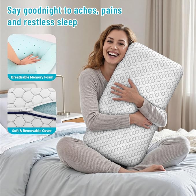 CushyOasis Memory Foam Pillows for Sleeping, Firm Bed Pillow, Queen Size | Ergonomic Supportive Memory Foam for Head, Neck & Shoulders, Breathable Washable Cover, for Side, Back & Stomach Sleepers
