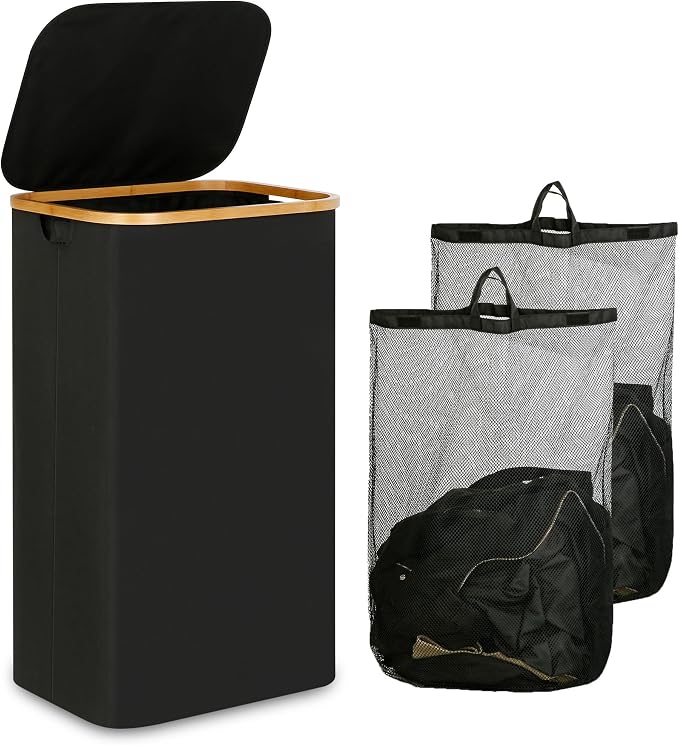 IEGrow Laundry Hamper with Lid,110L Laundry Basket with 2 Mesh Bags,Black | Dirty Clothes Hamper Basket with Bamboo Handle for Clothes Towels