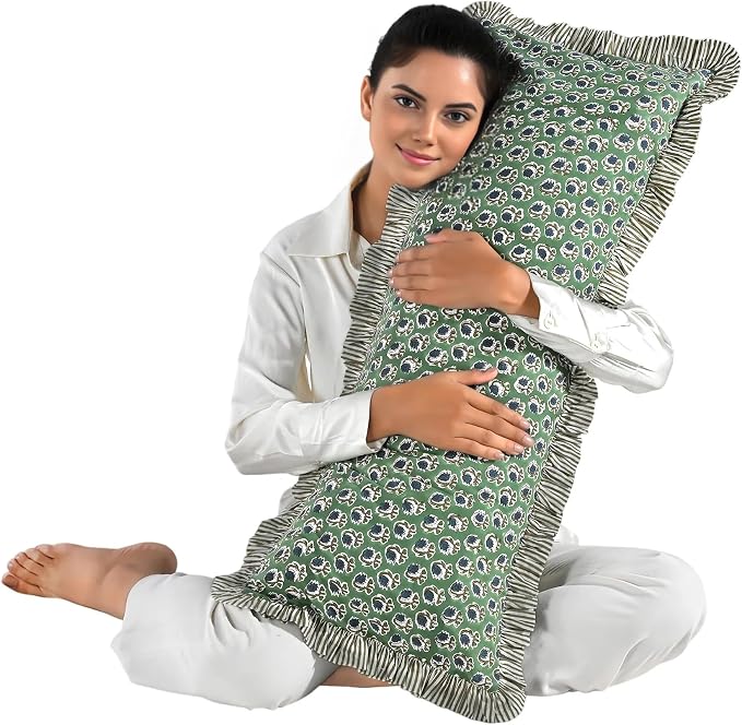 Ridhi Block Print Basil Green Ruffle Lumbar Pillow Shams, 36" x 14" | 100% cotton, Floral Pillowcase, Cushion Cover, Hidden Zipper, Cottagecore Bedding, farmhouse boho style, fits couch, sofa,Bed