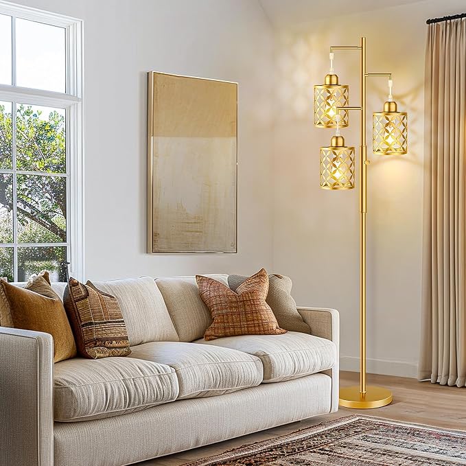 72" Modern Tree Floor Lamp, Dimmable Industrial Tall Standing Lamp with Metal Cages & Rotary Dimmer Knob, Corner Decor Lighting for Living Room Bedroom Cafe, 3 x 800LM Bulbs Included - Gold