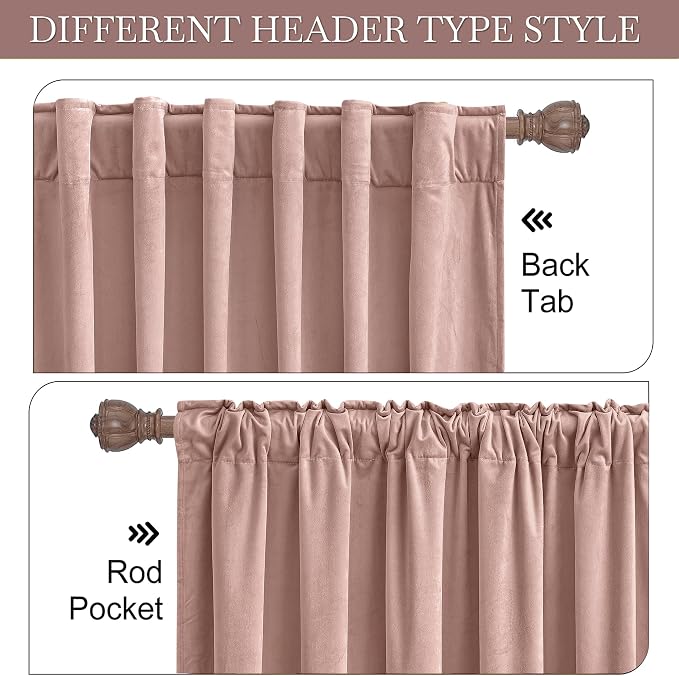 RYB HOME Velvet Curtains 108 inches Long, Extra Long High Ceiling Curtains | Thermal Insulated, Luxurious Home Decor, Curtains for Apartment Loft Large Windows, W52 x L108, Dusty Pink, 2 Panels Set