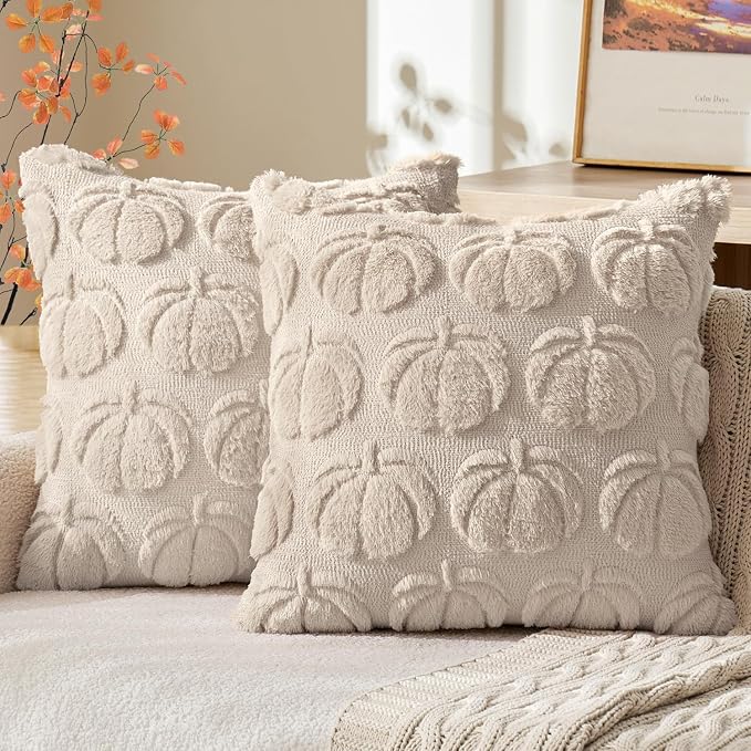 MIULEE Fall Pillow Covers Pumpkin Fall Decor 26x26 Beige | Set of 2 Fall Decorations for Home, Plush Faux Fur Farmhouse Accent Pillowcases, Porch Sofa Couch Cushion Bed Livingroom