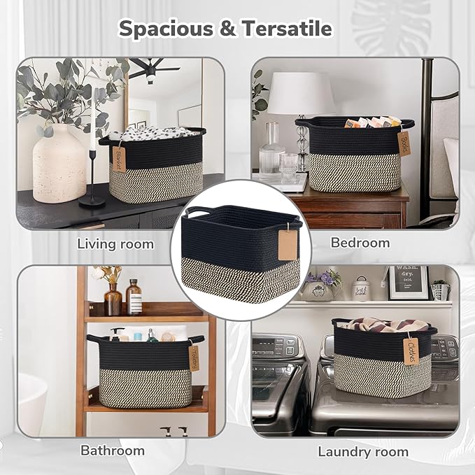 Goodpick Woven Storage Basket for Shelves, Rectangle, Black & Jute | 13" × 10" × 9" Stylish Gift Basket for Home Decor, Wicker Baskets for Shoes, Toys & Books Storage, Reinforced Handles