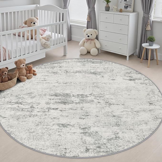 Round Area Rug Living Room: 8 ft Modern Washable Carpet Gray | For Bedroom Dining Room Farmhouse Nursery Hallway Office,Modern Abstract,Machine washable,Non-Slip,Stain Resistant,Indoor