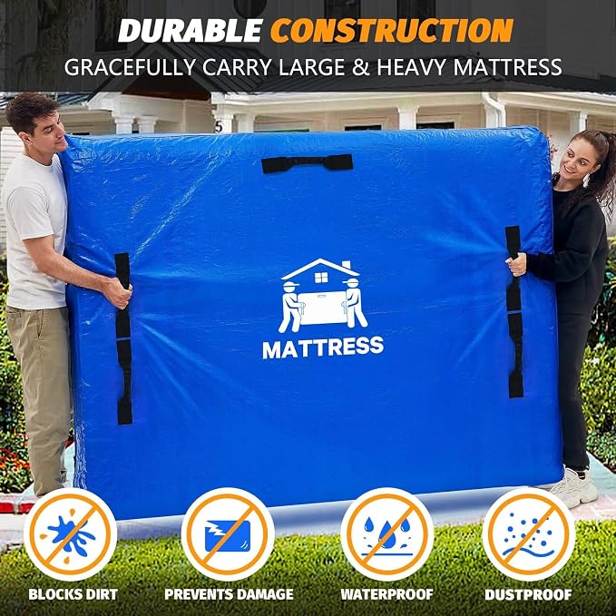 Mattress Bags for Moving, BETU Mattress Protector Waterproof Mattress Cover Twin Size Storage Bags with 8 Heavy-Duty Handles and Zipper for College Bed Extra Thick Large Reusable (77"x42"x15" Blue)