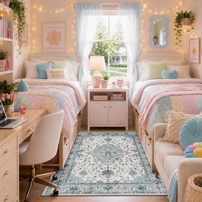 RELEANY Washable Area Rug, 3'x5', Blue/White/Gray | Non-Slip, Water Repellent, Pet Friendly, Easy to Clean, Vintage Floral Boho Decor for Living Room Bedroom Beside Kitchen