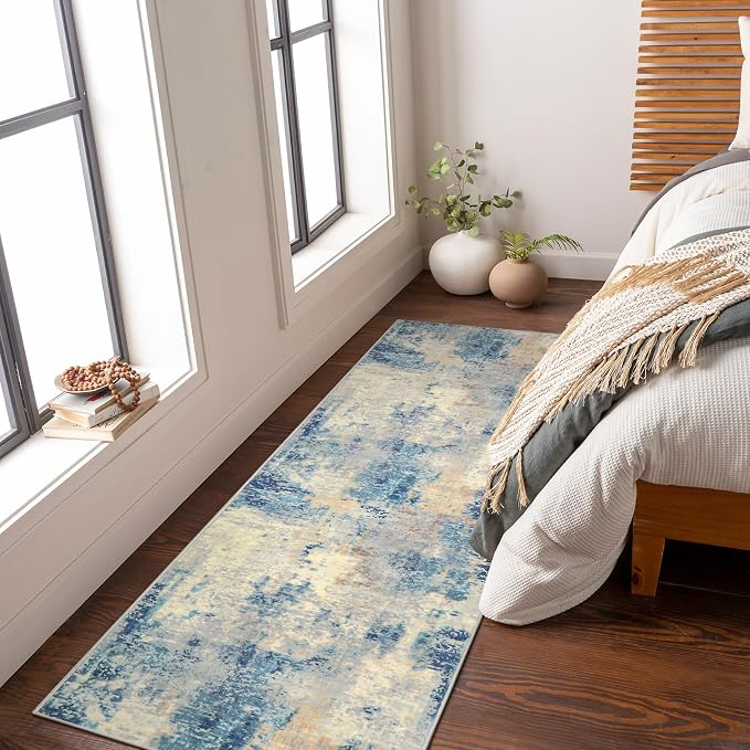Lahome Modern Abstract Bathroom Runner Rug 2x8, Washable Entryway Rug Runners for Hallways Non Slip, Soft Non Skid Kitchen Carpet Runner for Living Laundry Bedroom RV, Blue