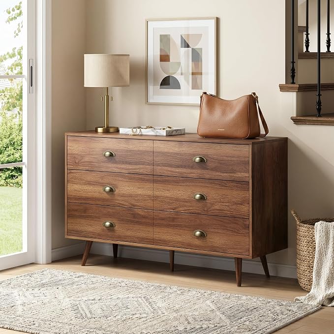 Walnut 6 Drawer Dresser for Bedroom, 47" Wood Dresser with Gold Handles. | Modern Dressers & Chests of Drawers for Living Room, Hallway, Entryway.
