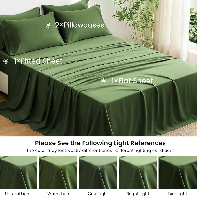 Love's cabin 4 Piece King Size Sheet Set, 100% Rayon Derived from Bamboo, Cooling & Breathable, Soft Silky Deep Pocket up to 16", Hotel Luxury Bedding for Hot Sleepers, Olive Green