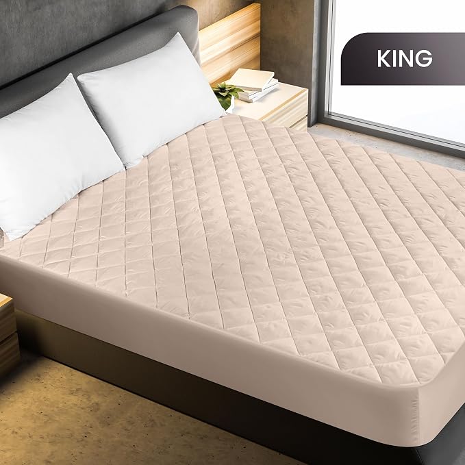 Quilted Fitted Mattress Pad, King Mattress Protector Topper with Deep Pocket Stretches up to 16 Inches, Machine Washable Mattress Cover by Utopia Bedding (Beige) | Soft Breathable Fitted Mattress Cover, Noiseless, Deep Pockets & Machine Washable for Ho...