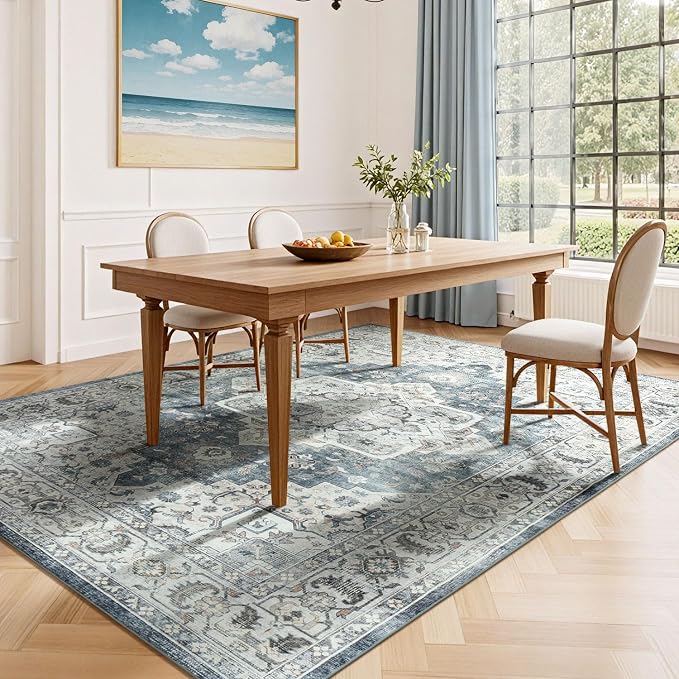 Washable Area Rugs 5 x 7 for Living Room Bedroom,Blue Grey/Beige | Soft Non Slip Backing,Durable Stain Resistant,Compatible with All Vacuums,Kid & Pet Friendly,for Dining Room Home Office