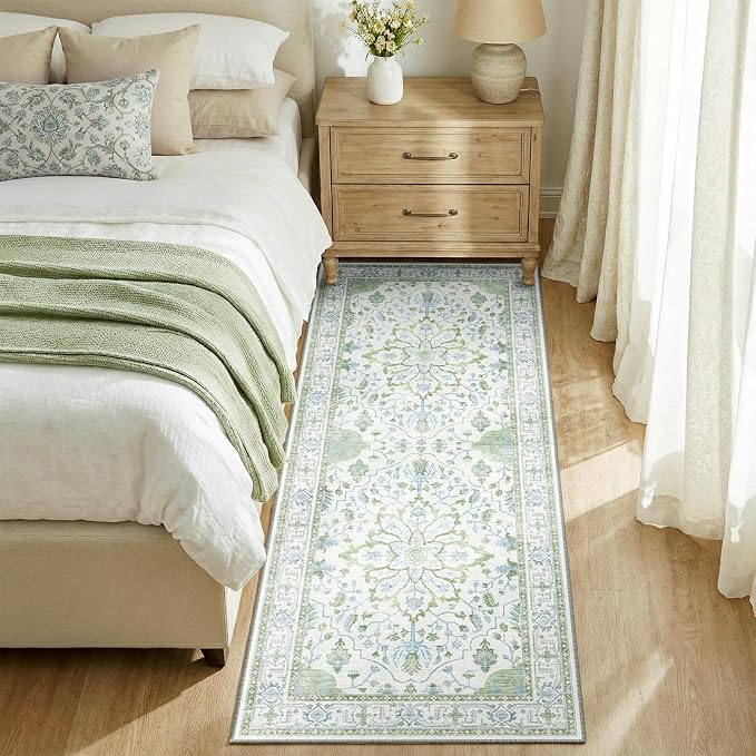 RELEANY Washable Area Rug, Runner 2'x6', Green/White/Blue | Non-Slip, Water Repellent, Pet Friendly, Easy to Clean, Vintage Floral Boho Decor for Kitchen Entry Bedroom Bedside Laundry