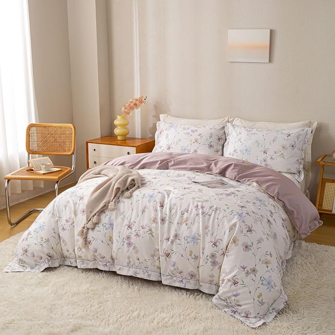 OAITE King Floral Pattern Duvet Cover Set Unique Design 3pcs 100% Cotton | Exquisite Stitched Hem, Breathable,Soft,Dual Zipper,8 Corner Ties,Easy Care for All Season